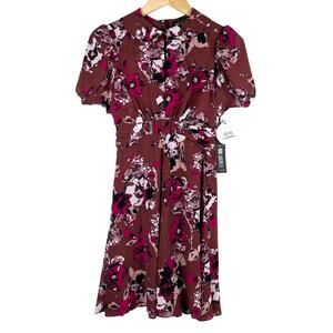Karl Lagerfeld Floral Chiffon Dress Womens Sz 0 Cherry Red Fit & Flare Girly NWT